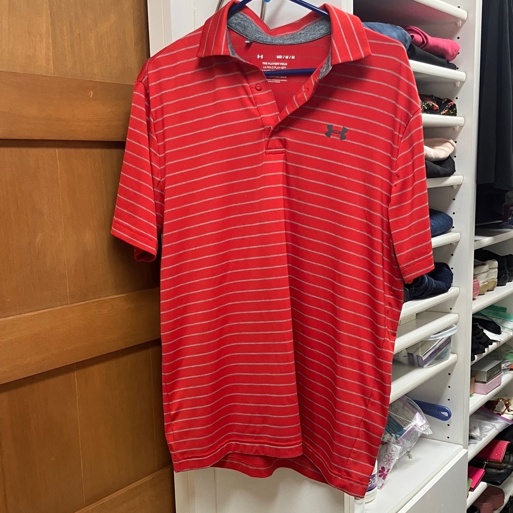 Under Armour Men's Polo Shirt in Red and Gray Stripes